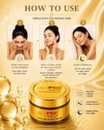 PGC Prism Glow Cosmetics Gold 24K Night Cream step by step application guide showing face washing, applying a thin layer, and leaving overnight