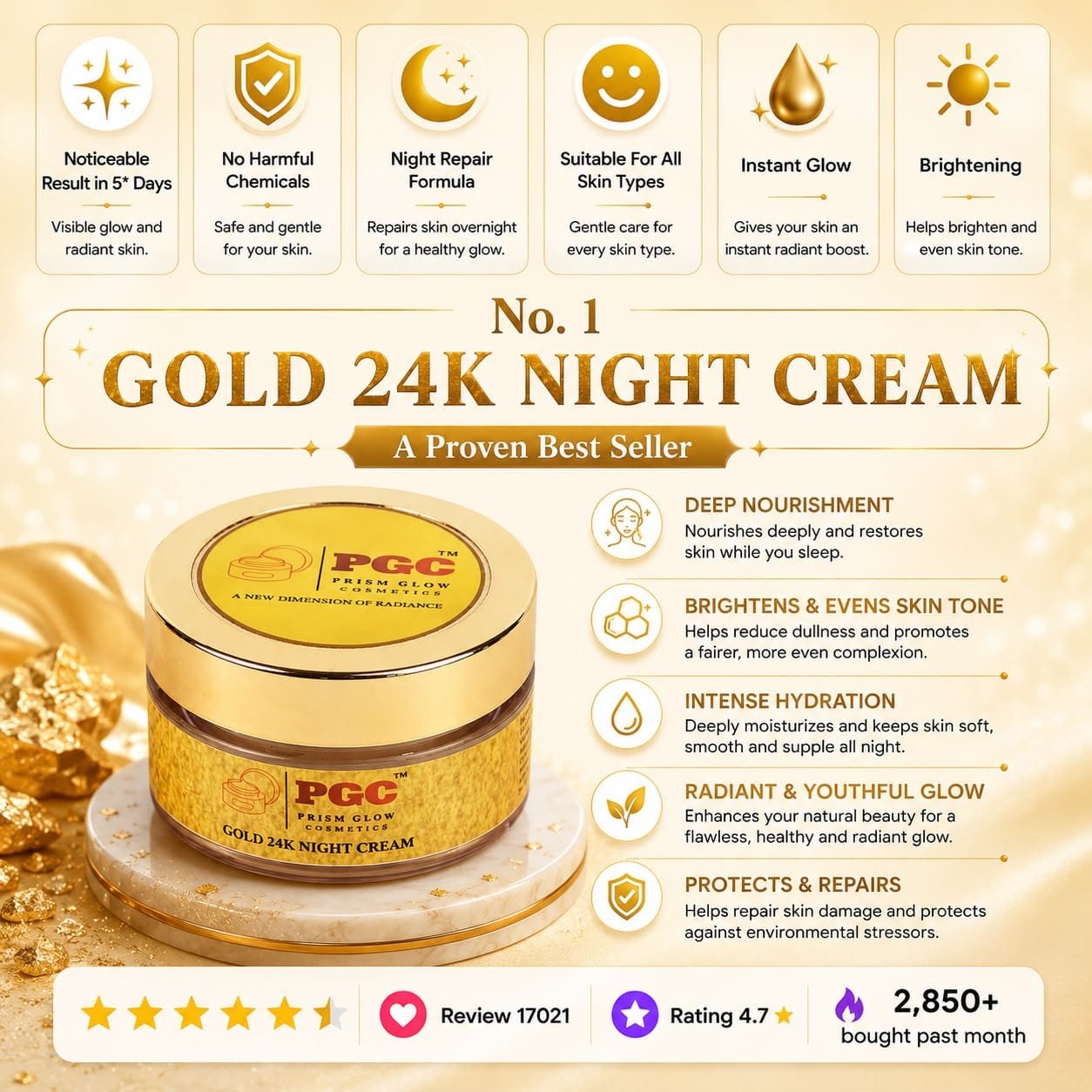 PGC Prism Glow Cosmetics Gold 24K Night Cream product jar infographic banner detailing deep nourishment and radiant glow benefits