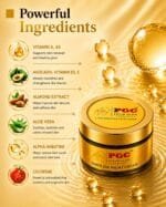 PGC Prism Glow Cosmetics Gold 24K Night Cream ingredients banner showcasing Vitamin A, Avocado, Vitamin B3, Almond Extract, Aloe Vera, Alpha Arbutin, and Lycopene
