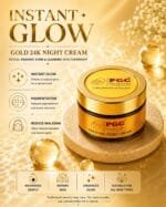 PGC Prism Glow Cosmetics Gold 24K Night Cream jar on a stone pedestal highlighting key benefits like instant glow, pigmentation correction, and melasma reduction