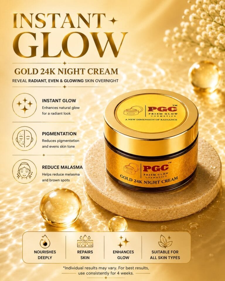 PGC Prism Glow Cosmetics Gold 24K Night Cream jar on a stone pedestal highlighting key benefits like instant glow, pigmentation correction, and melasma reduction