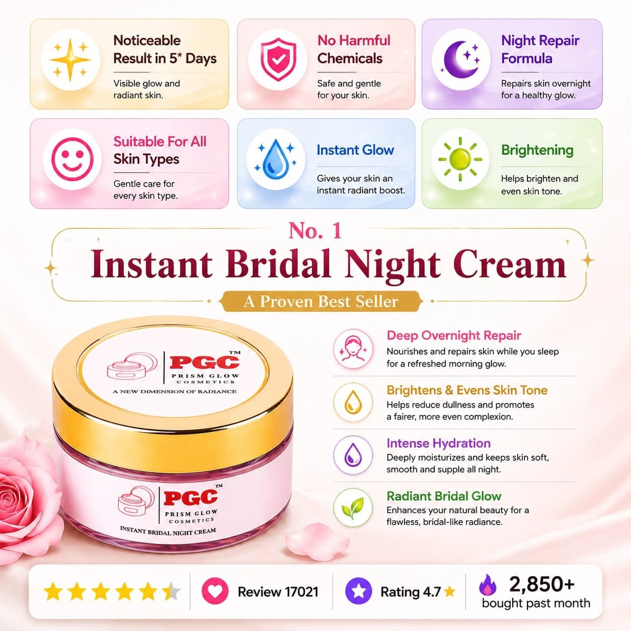 PGC Prism Glow Cosmetics Instant Bridal Night Cream product jar infographic banner detailing overnight skin repair and bridal glow benefits
