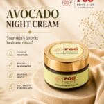 Prism Glow Avocado Night Cream jar displayed elegantly, highlighting benefits like locking in moisture, deep nourishment, and repairing skin for a soft, glowing complexion.