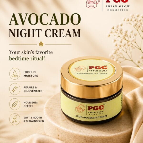 Prism Glow Avocado Night Cream jar displayed elegantly, highlighting benefits like locking in moisture, deep nourishment, and repairing skin for a soft, glowing complexion.