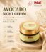 Prism Glow Avocado Night Cream jar displayed elegantly, highlighting benefits like locking in moisture, deep nourishment, and repairing skin for a soft, glowing complexion.