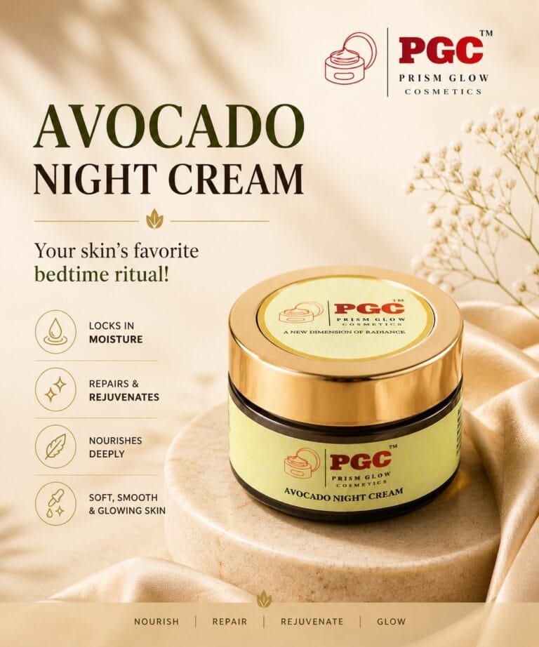 Prism Glow Avocado Night Cream jar displayed elegantly, highlighting benefits like locking in moisture, deep nourishment, and repairing skin for a soft, glowing complexion.