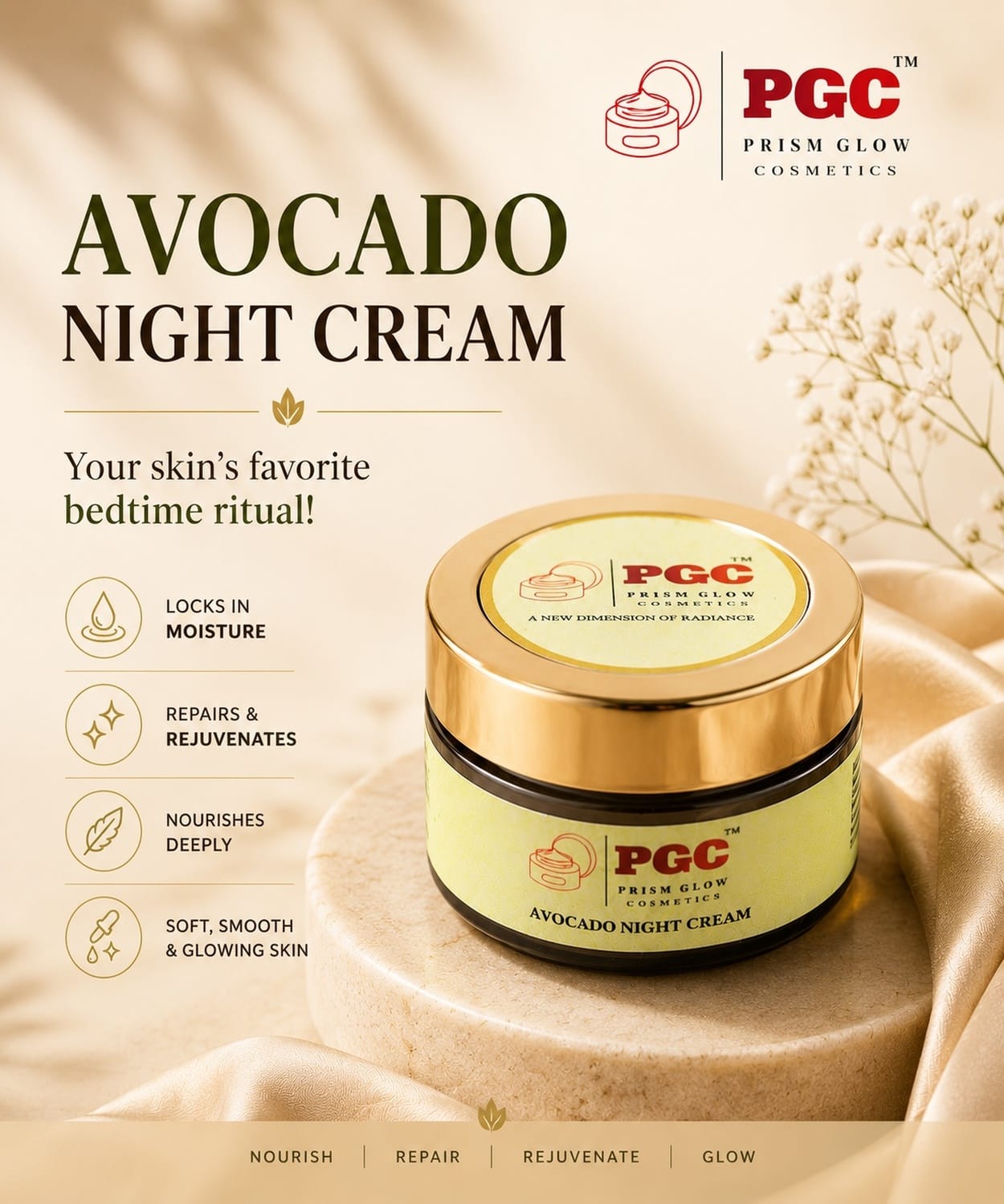 Prism Glow Avocado Night Cream Prism Glow Avocado Night Cream jar displayed elegantly, highlighting benefits like locking in moisture, deep nourishment, and repairing skin for a soft, glowing complexion.