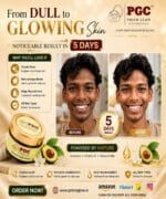 Before and after photos showing a man's transformation from dull to glowing skin in 5 days using Prism Glow Avocado Night Cream.