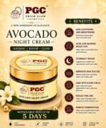 Infographic detailing the complete benefits of Prism Glow Avocado Night Cream, including skin brightening, acne reduction, dark spot removal, and overnight repair for noticeable results in 5 days.