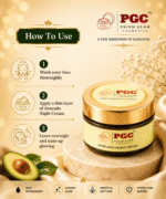 Infographic showing how to use Prism Glow Avocado Night Cream in three simple steps: wash face thoroughly, apply a thin layer, and leave overnight to wake up glowing.