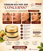 Infographic demonstrating how Prism Glow Avocado Night Cream targets common skin concerns like uneven skin tone, acne spots, dark spots, and melasma, backed by a 5-star rating from over 50,000 happy customers.