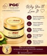 Infographic showing why you will love Prism Glow Avocado Night Cream, highlighting benefits like deep nourishment, intense hydration, collagen boosting, overnight repair, and melasma reduction.