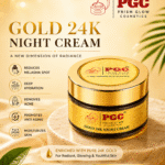 nfographic for Prism Glow Cosmetics Gold 24K Night Cream enriched with pure 24K gold, showcasing benefits like anti-aging, melasma spot reduction, acne removal, and deep skin moisturization.