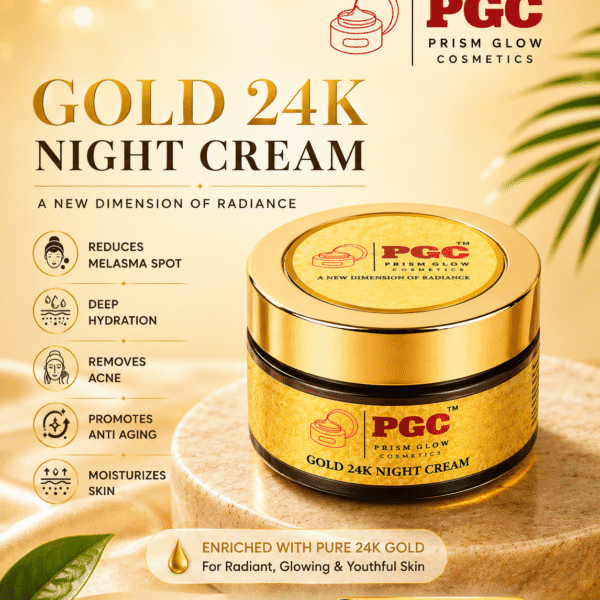nfographic for Prism Glow Cosmetics Gold 24K Night Cream enriched with pure 24K gold, showcasing benefits like anti-aging, melasma spot reduction, acne removal, and deep skin moisturization.