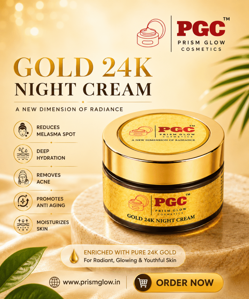 nfographic for Prism Glow Cosmetics Gold 24K Night Cream enriched with pure 24K gold, showcasing benefits like anti-aging, melasma spot reduction, acne removal, and deep skin moisturization.