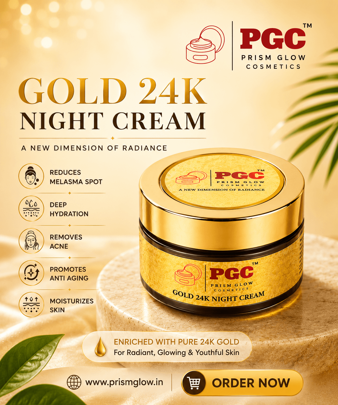 nfographic for Prism Glow Cosmetics Gold 24K Night Cream enriched with pure 24K gold, showcasing benefits like anti-aging, melasma spot reduction, acne removal, and deep skin moisturization.
