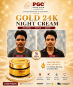Before and after photos showing a man's 5-day skin transformation, noticeably clearing acne and improving texture using Prism Glow Gold 24K Night Cream.