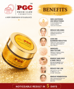 Infographic outlining the 7 key benefits of Prism Glow Gold 24K Night Cream, including skin brightening, melasma reduction, acne clearing, and dark circle removal, with noticeable results in 5 days.