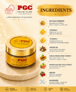 Infographic detailing the natural ingredients of Prism Glow Gold 24K Night Cream, including 24K Gold Pigments, Vitamin C, Argan Oil, Arbutin, and Niacinamide for a radiant, youthful glow.
