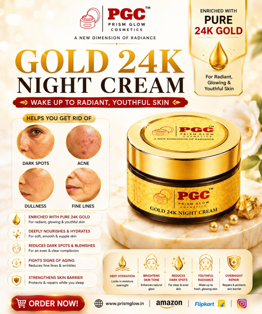 Infographic for Prism Glow Gold 24K Night Cream showing how it helps get rid of dark spots, acne, dullness, and fine lines while deeply nourishing the skin with pure 24K gold.