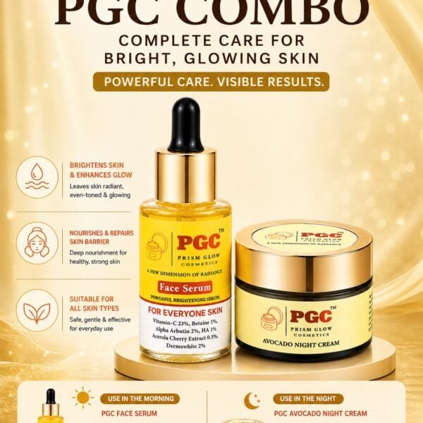 PGC Prism Glow Cosmetics Combo featuring Powerful Brightening Face Serum and Avocado Night Cream skincare routine banner