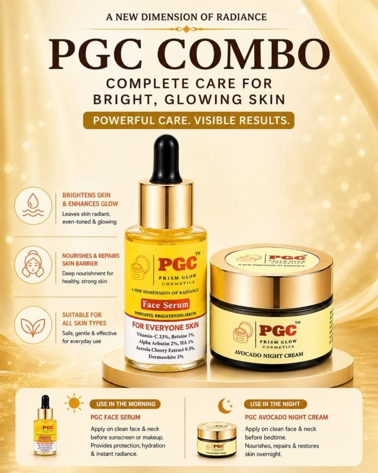 PGC Prism Glow Cosmetics Combo featuring Powerful Brightening Face Serum and Avocado Night Cream skincare routine banner
