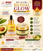 Infographic for Prism Glow Cosmetics Bridal Glow Overnight Combo, featuring the Brightening Face Serum and Avocado Night Cream duo for a flawless, radiant complexion in 5 days.