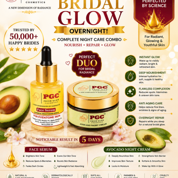 Infographic for Prism Glow Cosmetics Bridal Glow Overnight Combo, featuring the Brightening Face Serum and Avocado Night Cream duo for a flawless, radiant complexion in 5 days.