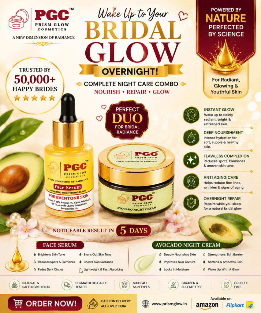 Infographic for Prism Glow Cosmetics Bridal Glow Overnight Combo, featuring the Brightening Face Serum and Avocado Night Cream duo for a flawless, radiant complexion in 5 days.
