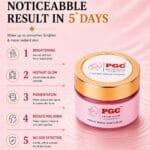 PGC Prism Glow Cosmetics Instant Bridal Night Cream jar on a pink ripple background highlighting a 5-day noticeable result for skin brightening and melasma reduction