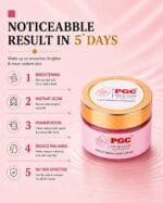 PGC Prism Glow Cosmetics Instant Bridal Night Cream jar on a pink ripple background highlighting a 5-day noticeable result for skin brightening and melasma reduction