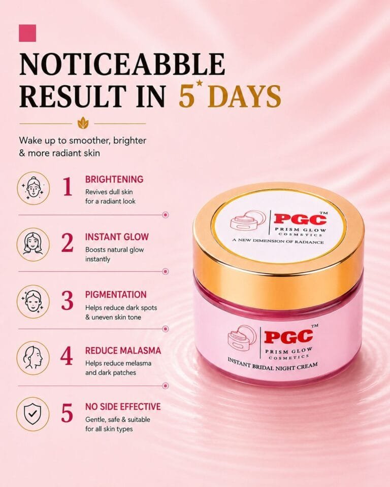 PGC Prism Glow Cosmetics Instant Bridal Night Cream jar on a pink ripple background highlighting a 5-day noticeable result for skin brightening and melasma reduction