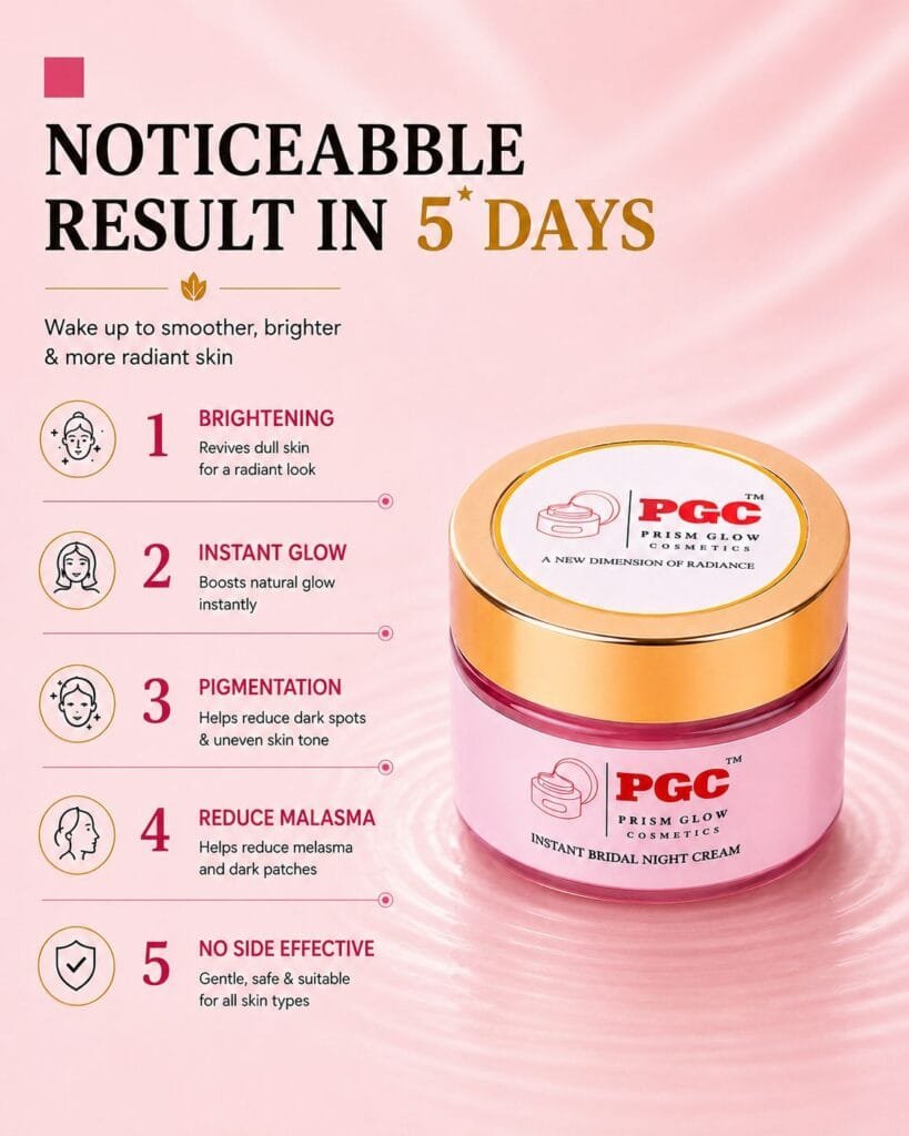 PGC Prism Glow Cosmetics Instant Bridal Night Cream jar on a pink ripple background highlighting a 5-day noticeable result for skin brightening and melasma reduction
