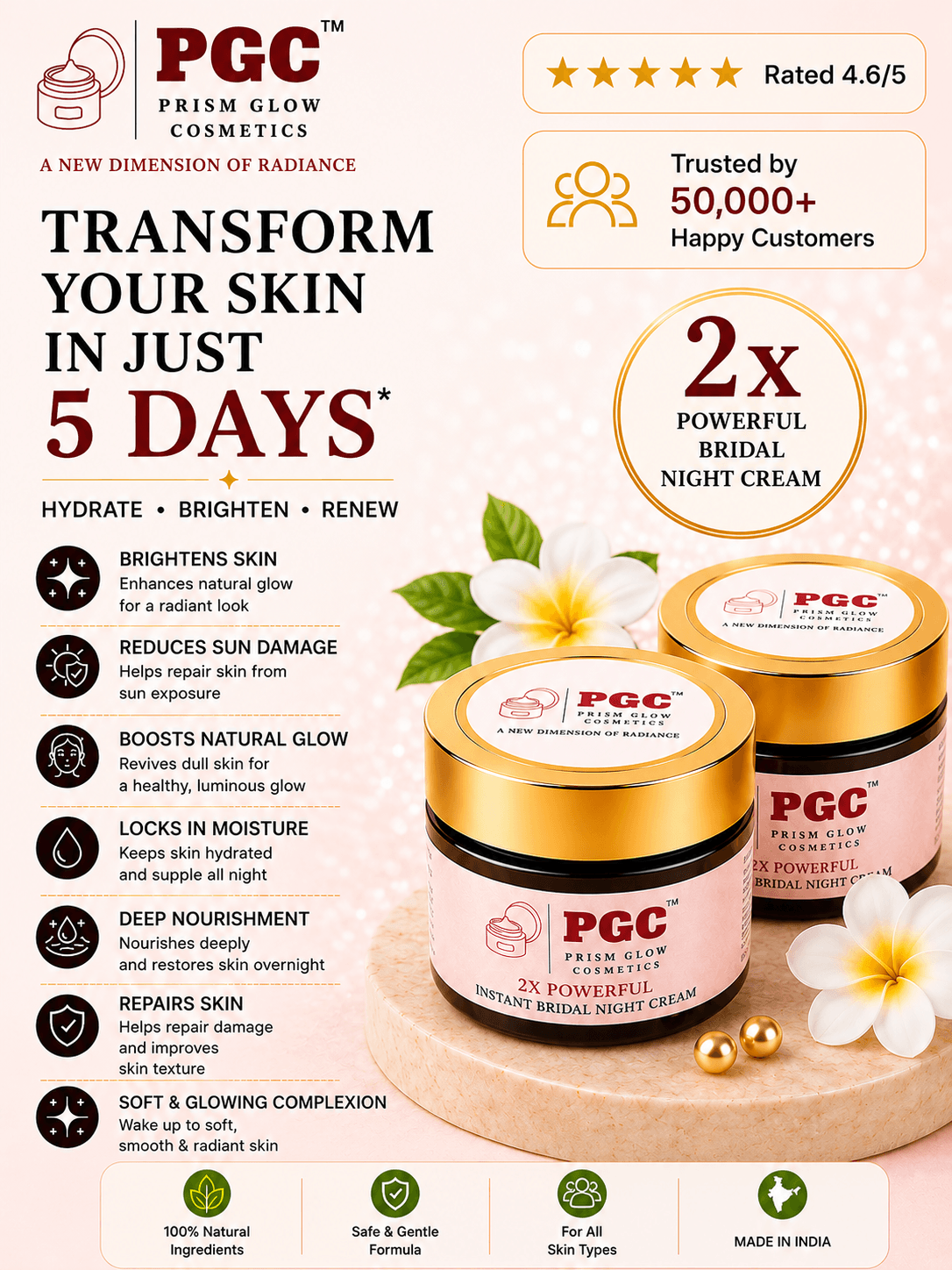 Promotional banner for Prism Glow 2x Powerful Instant Bridal Night Cream, rated 4.6 out of 5 stars by 50,000+ customers, promising a skin transformation in 5 days through hydration, brightening, and deep nourishment.