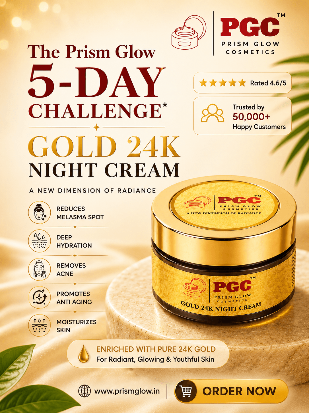 Promotional banner for the Prism Glow 5-Day Challenge featuring Gold 24K Night Cream, highlighting its ability to reduce melasma, promote anti-aging, and provide deep hydration.