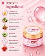 PGC Prism Glow Cosmetics Instant Bridal Night Cream powerful ingredients list infographic featuring Vitamin A, Avocado, Almond Extract, Aloe Vera, Alpha Arbutin, and Lycopene