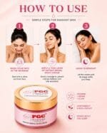 PGC Prism Glow Cosmetics Instant Bridal Night Cream step by step application guide showing face washing, applying a thin layer, and leaving overnight