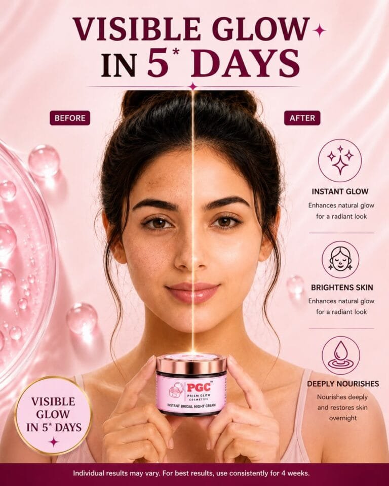 PGC Prism Glow Cosmetics Instant Bridal Night Cream split face comparison showing before and after results for visible glow in 5 days, skin brightening, and overnight deep nourishment