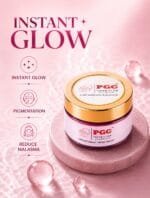PGC Prism Glow Cosmetics Instant Bridal Night Cream jar on a pink stone pedestal highlighting key benefits like instant glow, pigmentation correction, and melasma reduction