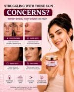PGC Prism Glow Cosmetics Instant Bridal Night Cream pink banner targeting skin concerns like uneven skin, acne spots, dark spots, and melasma