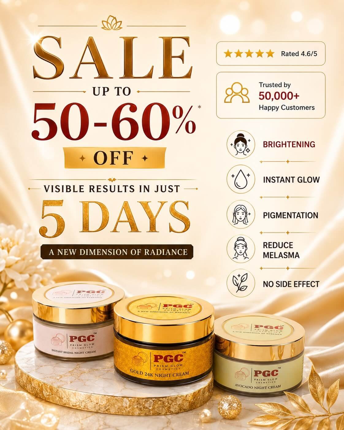 PGC Prism Glow Cosmetics promotional sale banner offering up to 50 to 60 percent off on Instant Bridal, Gold 24K, and Avocado Night Creams