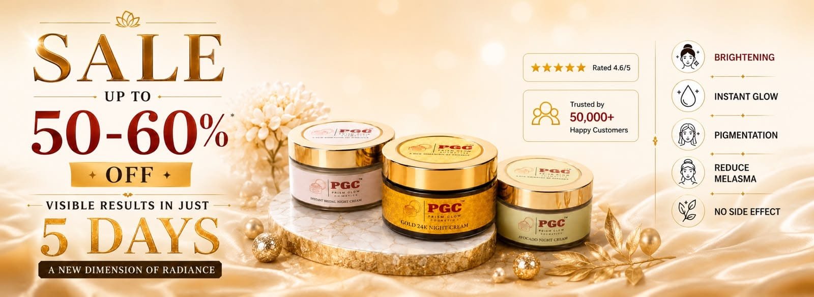 PGC Prism Glow Cosmetics desktop hero banner offering up to 50 to 60 percent off on a trio of night creams